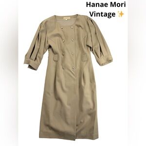 Hanae Mori Paris Vintage Wool Dress Beige Double Breasted Designer Size S 9A3